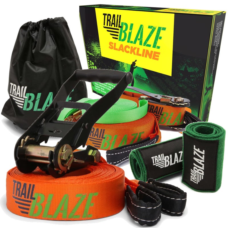 Trailblaze مجموعة كاملة من خطوط الارتخاء مع خط تدريب - خط أطول بطول 60 قدمًا لحماية الأشجار وخطوط ارتخاء للفناء الخلفي للأطفال والكبار وحبل مشدود وخطوط ترهل النينجا ومضمار عوائق للأطفال مجموعة خطوط ترهل - Image 1